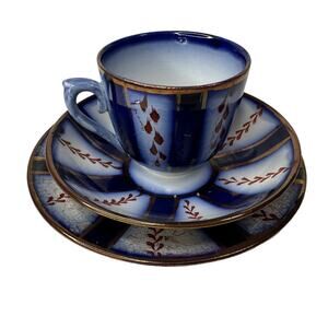 Allerton Childs Gaudy Flow Blue Wagon Wheel Staffordshire Tea Cup 3 piece C 1870